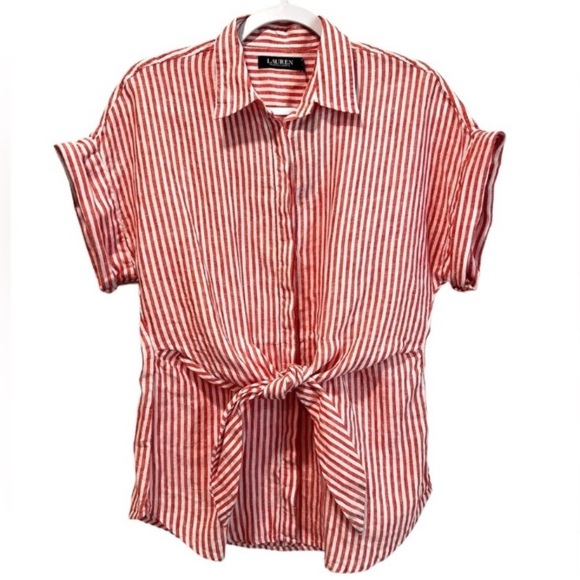Lauren Ralph Lauren Tops - LIKE NEW! Lauren Ralph Lauren Linen Striped Short Sleeve Shirt Waist Tie Knot M